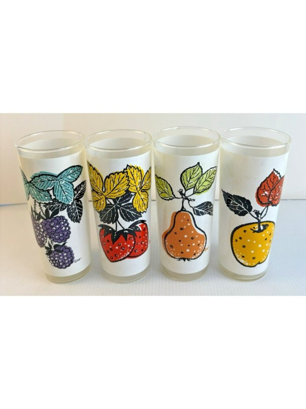Lot of 4 MCM 1950s L Elliot Frosted Glass Fruit Themed Tumblers Highball Glasses